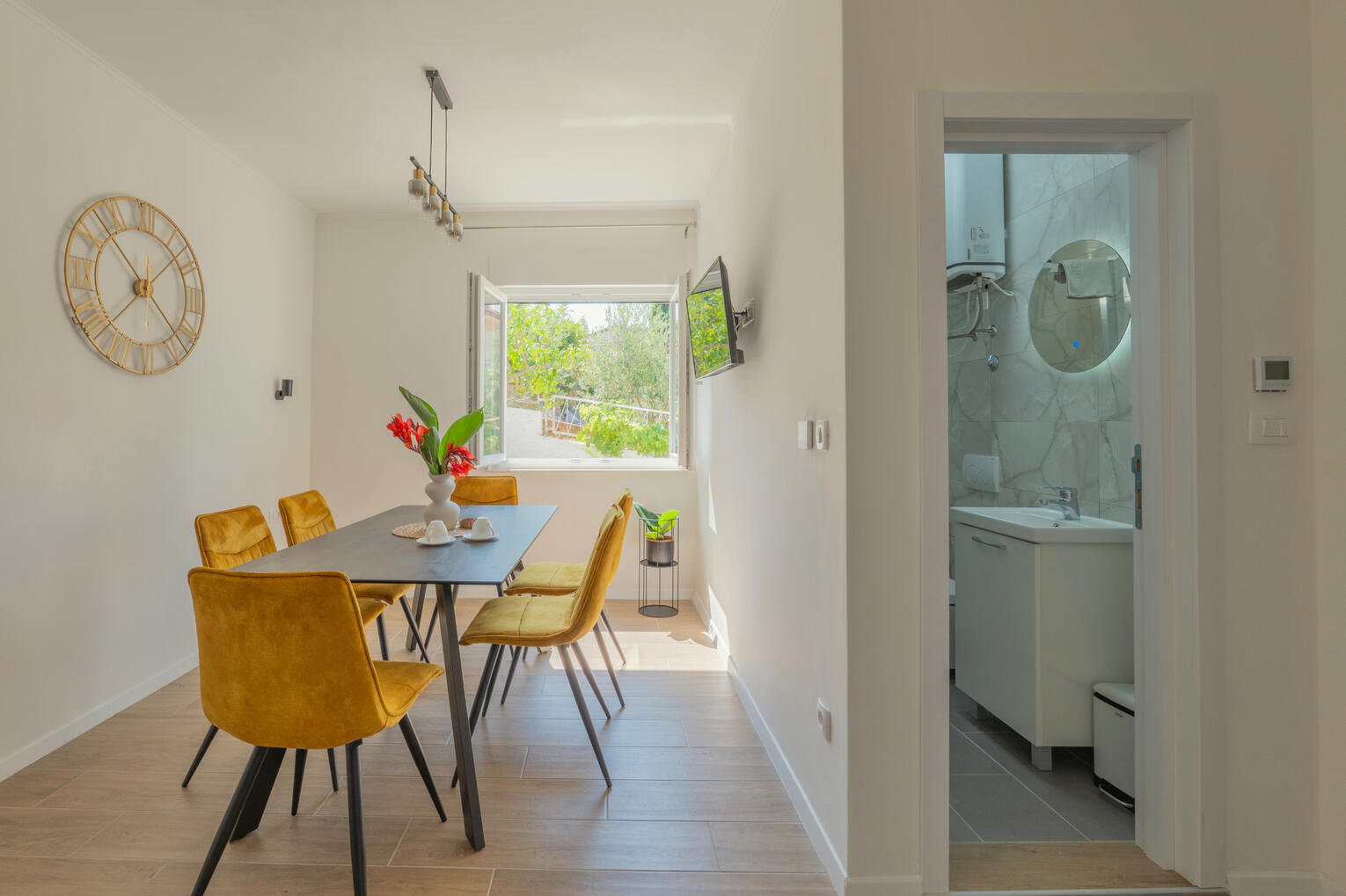 Dining area and bathroom
